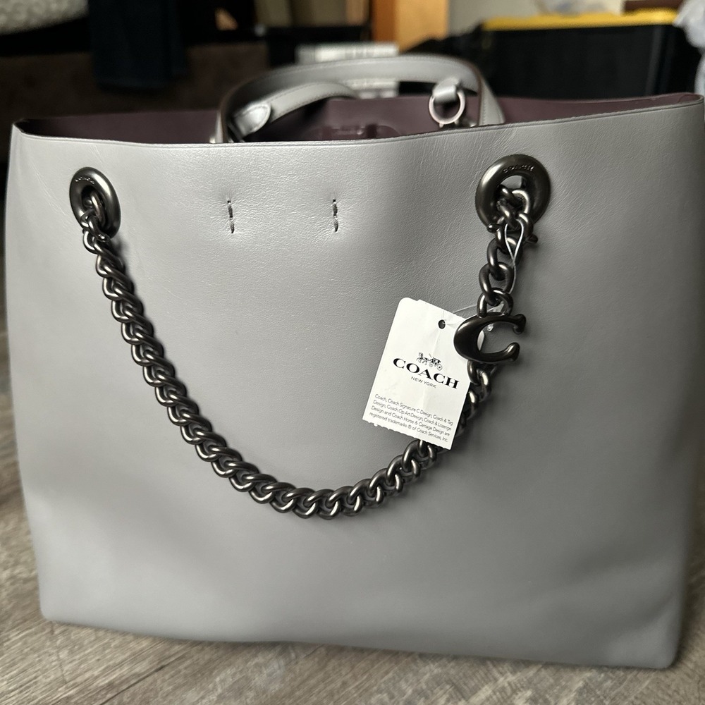 $375 COACH Signature Chain Convertible Gray Large Tote with Black Chain - Picture 3 of 16